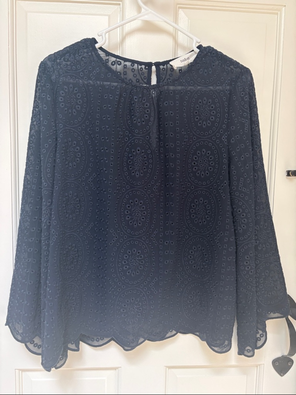 ba&sh Navy Blue Eyelet Long-Sleeve Blouse
